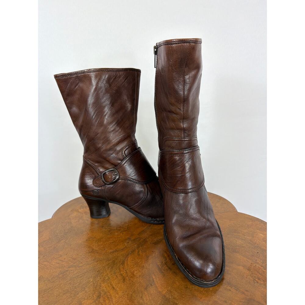 Born Brown Leather Side Zip Mid Calf Buckle Accent Heeled Boots Size 10